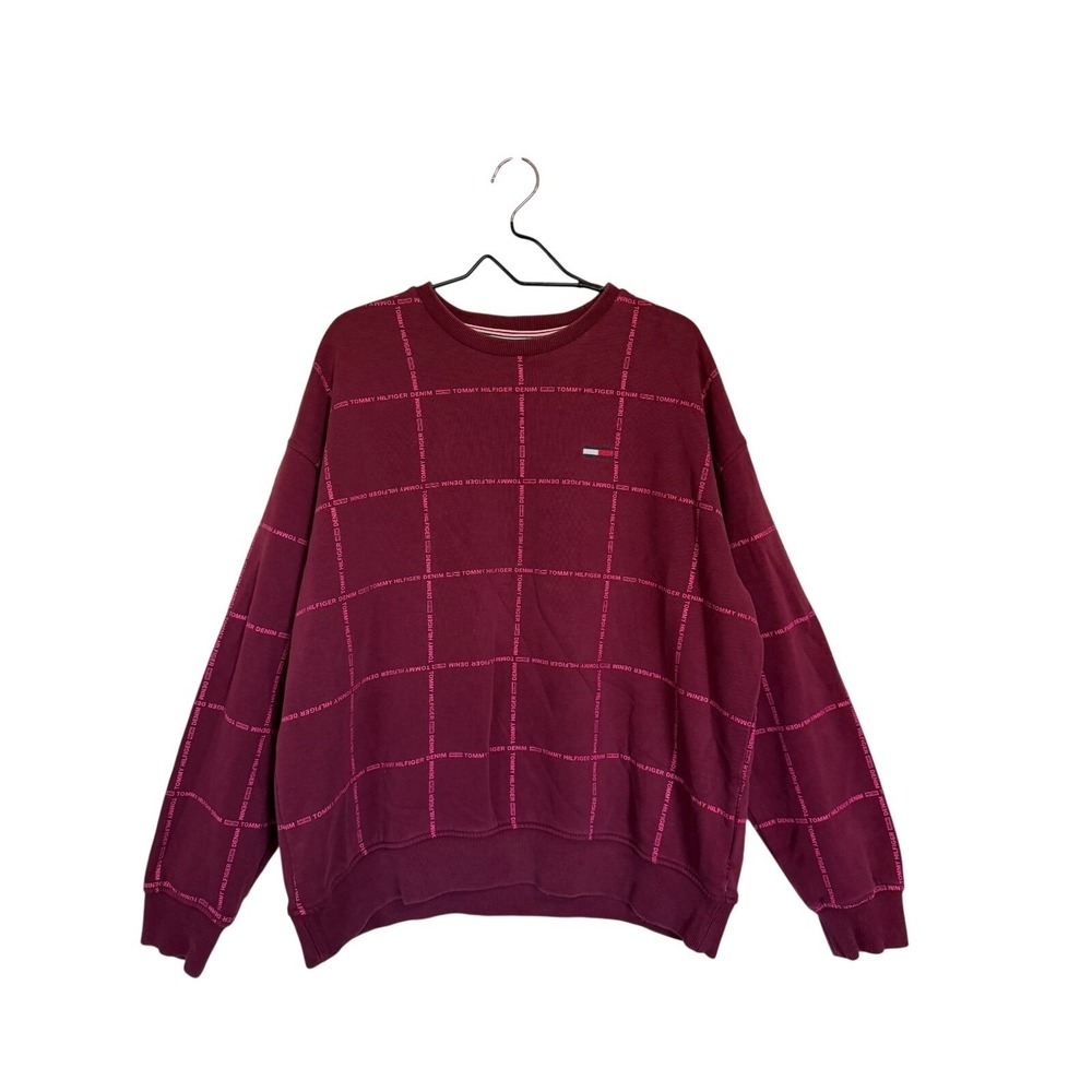 Tommy Hilfiger‎ Denim Sweatshirt Mens Large Burgundy Logo Grid Pullover 78E3243